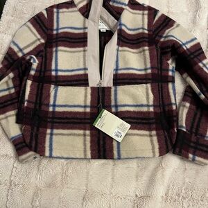Plaid Zip-Up Jacket - Burgundy and Cream